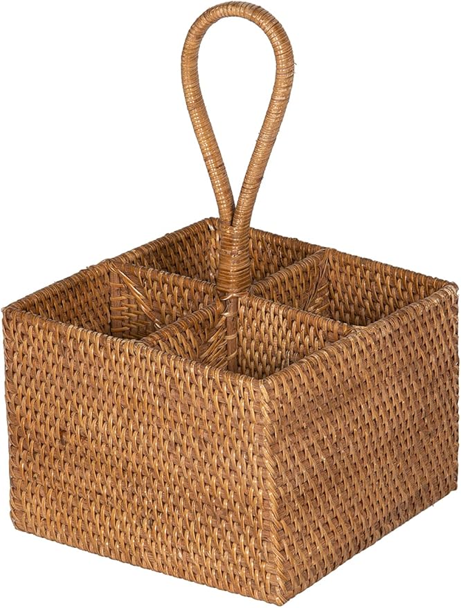 KOUBOO Laguna Rattan Bottle Caddy Storage Box for Kitchen with 4 Compartments, Home Organizer | Wicker Basket, Crate for Display, Bathroom, Farmhouse Decor, Vintage Style, Honey Brown