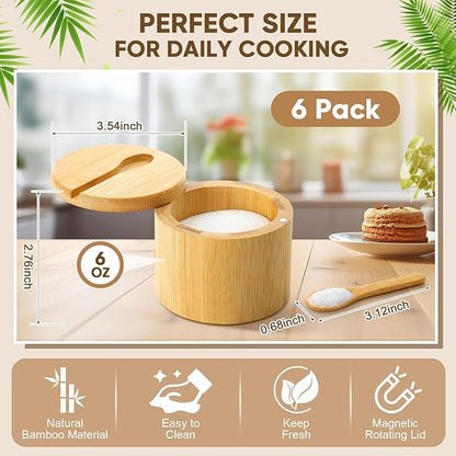 Honeydak 6 PCS 6oz Bamboo Salt Cellar Salt Container with Magnetic Swivel Lid & Spoon Bamboo Storage Box Bowl Elegant Kitchen Holder Saver Jar to Storage Pepper Spice Sea Sugar for Countertop