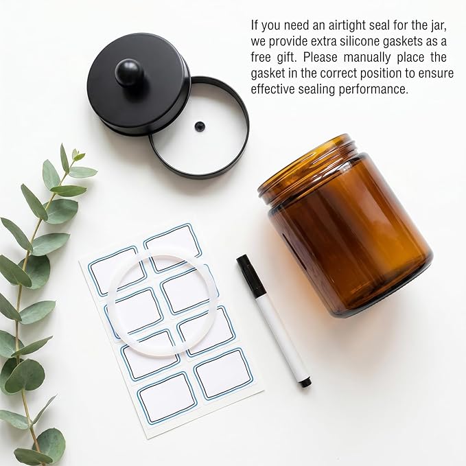 Accguan Amber Apothecary Jars Bathroom Vanity Storage Organizer Set, 6 Pack with Black Stainless Steel Lids and Labels, Qtip Dispenser Holder for Cotton Swabs, Cotton Balls, Makeup Sponges