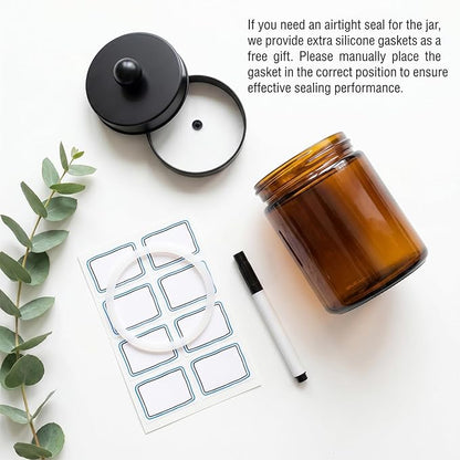 Accguan Amber Apothecary Jars Bathroom Vanity Storage Organizer Set, 6 Pack with Black Stainless Steel Lids and Labels, Qtip Dispenser Holder for Cotton Swabs, Cotton Balls, Makeup Sponges