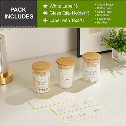 INIUNIK 3 Pack Qtip Holder Dispenser - Glass Apothecary Jars with Lids, Cotton Ball Pad Swab Round Holder, Bamboo Bathroom Accessories, Bathroom Organizers Containers Jars Canisters with Lids