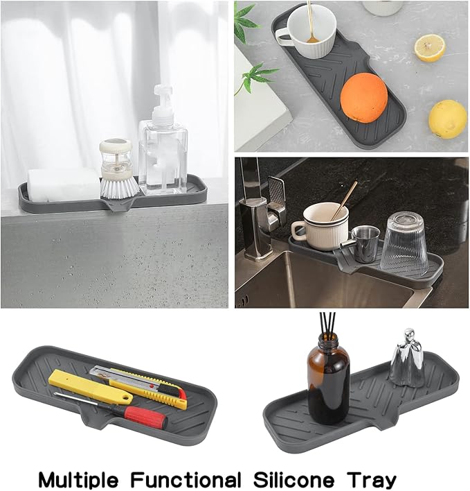 MicoYang Silicone Bathroom Soap Dishes with Drain Spout-Bathroom and Kitchen Sink Organizer,Sponge Holder,Dish Soap Tray,Perfect for Dispenser,Scrubber,Bottle,Cup on Sink or Counter-Grey 12"×4"