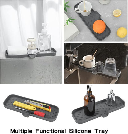 MicoYang Silicone Bathroom Soap Dishes with Drain Spout-Bathroom and Kitchen Sink Organizer,Sponge Holder,Dish Soap Tray,Perfect for Dispenser,Scrubber,Bottle,Cup on Sink or Counter-Grey 12"×4"