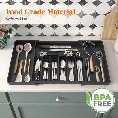 Lifewit Silverware Drawer Organizer, Expandable Utensil Tray for Kitchen, BPA Free Flatware and Cutlery Holder, Adjustable Plastic Storage for Spoons Forks Knives, 18- 33 x 18.5", Black