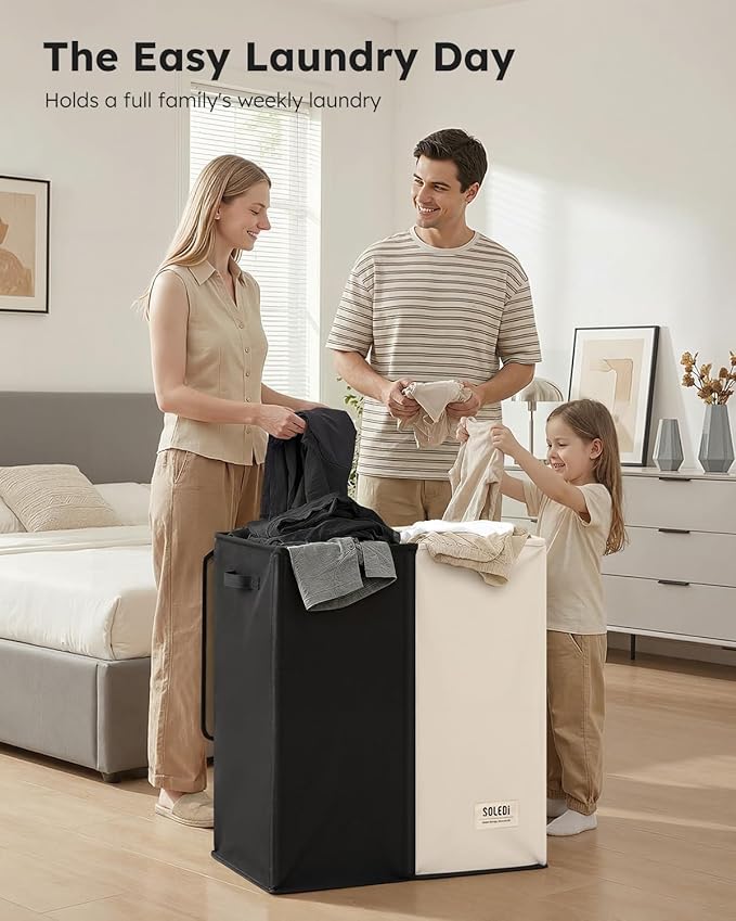 SOLEDI Large Double Laundry Hamper with Lid, Collapsible Clothes Hamper 2 section with Removable Bags, Space-Saving Laundry Basket for Bedroom, Dorm, College