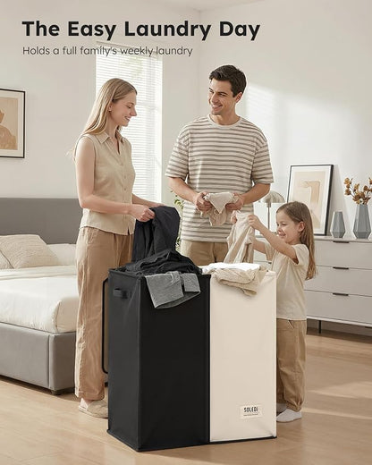 SOLEDI Large Double Laundry Hamper with Lid, Collapsible Clothes Hamper 2 section with Removable Bags, Space-Saving Laundry Basket for Bedroom, Dorm, College
