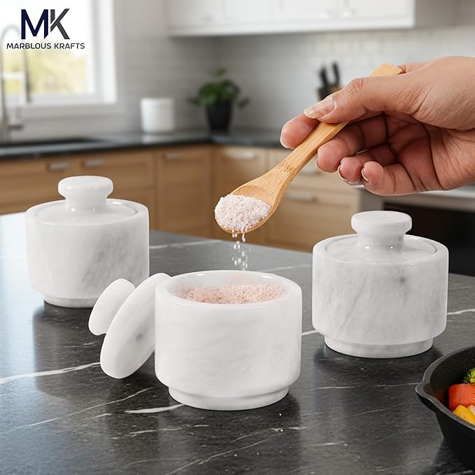 MARBLOUS KRAFTS Set of 3 Marble Salt Cellars with Lids 3" Inch White Salt Holders for Kitchen, Dining, Spices, or Gifts, Modern, Practical Storage for Salt & Spices in Any Kitchen or Dining Room.