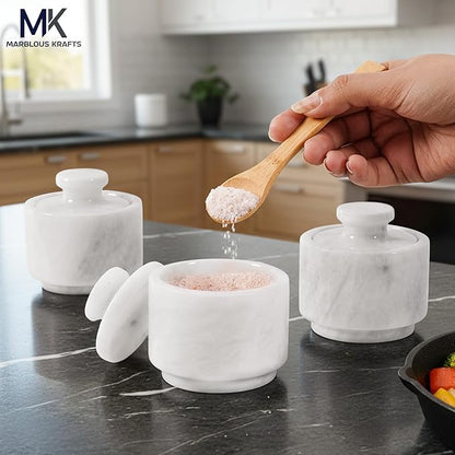 MARBLOUS KRAFTS Set of 3 Marble Salt Cellars with Lids 3" Inch White Salt Holders for Kitchen, Dining, Spices, or Gifts, Modern, Practical Storage for Salt & Spices in Any Kitchen or Dining Room.