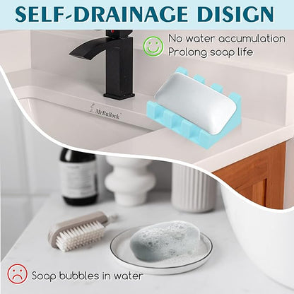 2 Pack Self Draining Silicone Soap Dish with Suction Cups - Non-Slip Bar Soap Holder for Shower & Kitchen, Waterfall Tray Keeps Soap Dry, Easy Clean, Extends Soap Life (Sky Blue)