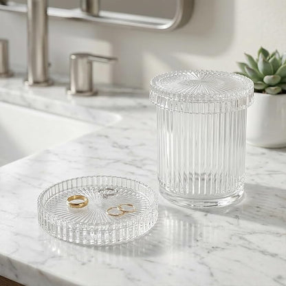 rejomiik Glass Qtip Holder Dispenser 2 Pack, Bathroom Canister Apothecary Jars with Lids, Vanity Makeup Accessories Storage Organizer for Cotton Swabs, Cotton Balls, Pads, Floss Picks, Clear