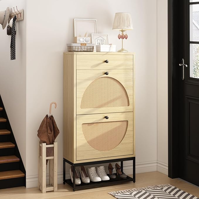 Lamerge Free Standing Shoe Rack, Entryway Organizer with 2 Natural Semi-Circular Rattan Flip Drawers, Hallway Faux Wooden Shoe Storage Cabinet with Pull Drawer and Bottom Rack for Living Room, Bedroom