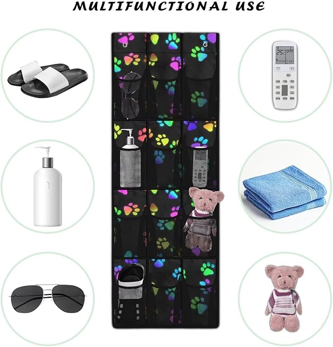 Paw Over The Door Shoe Organizers,Shoe Rack for Door,Hanger Storage Organizer for Closet,Classroom Headphone Storage with 12 Mesh Pockets,Breathable Storage Bag for Women