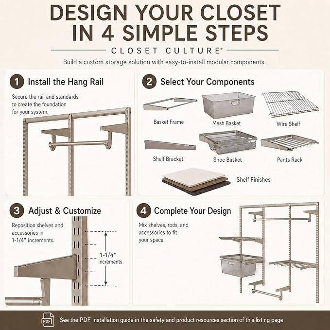 Closet Culture by Knape & Vogt 5.25 in. H x 23.50 in. W x 17.00 in. D Champagne Nickel Shoe Rack Kit for Closet System, 0335-SRK-CN