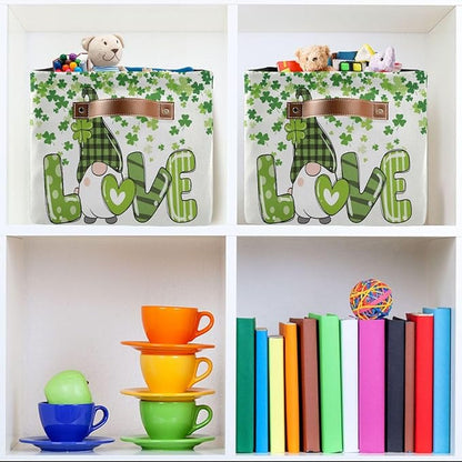 St Patrick's Day Gnome Storage Basket - Shamrock Clovers Cute Fabric Laundry Shelf - Large Foldable Storage Box Cube With Handle - Closet Bin Organizer for Kids Toys Cloth Bedroom