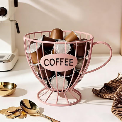 Coffee Pod Holder, Large Capacity K Cup Holder Coffee Capsule Storage Basket Tea Organizer for Countertop Kitchen Bar (Pink)