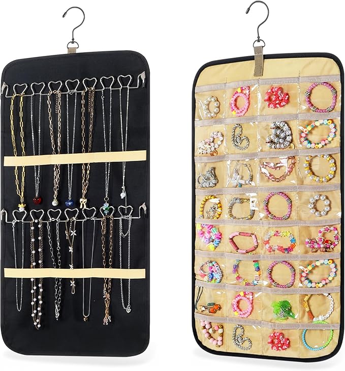 2 Pack Hanging Jewelry Organizer Storage with 32 Pockets and Hooks Dual-Sided Hanging Jewelry Organizers and Storage Hang on Closet, Wall, Door for Earrings, Necklaces, Rings,Blcak