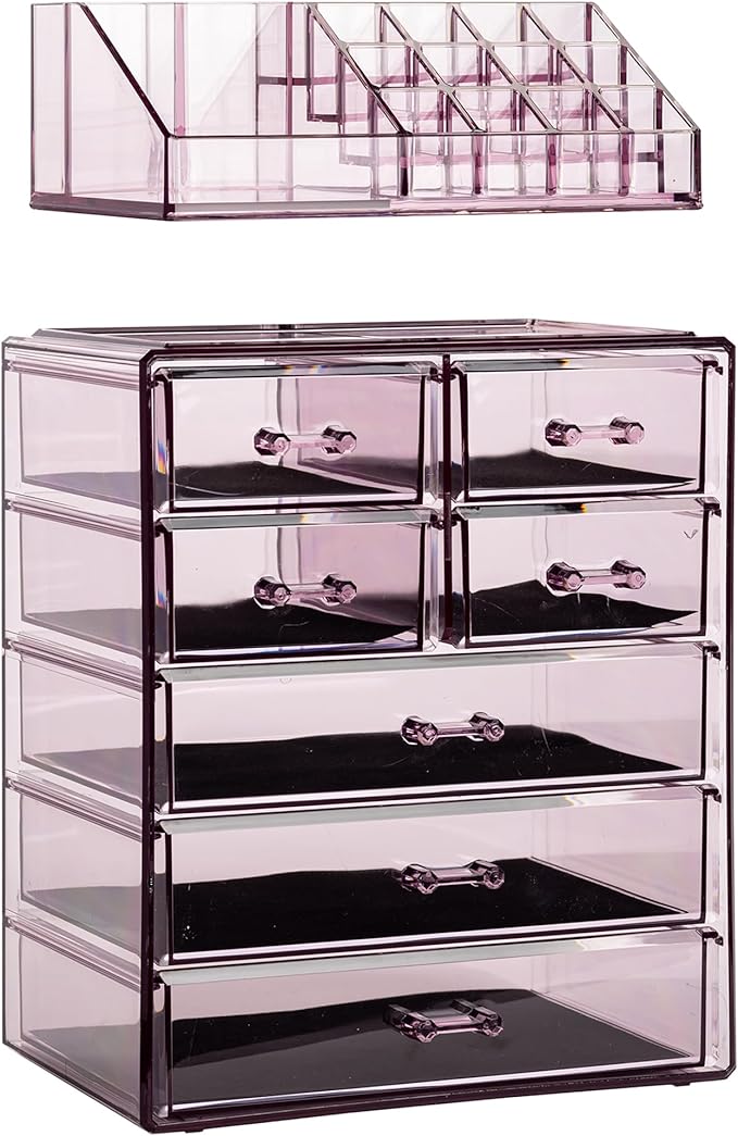 Sorbus Acrylic Makeup Organizer Set, 7-Drawer Vanity & Countertop Cosmetic Storage with Small & Wide Compartments, Purple Makeup Storage for Brushes, Jewelry – Holiday Gift for Women & Teens