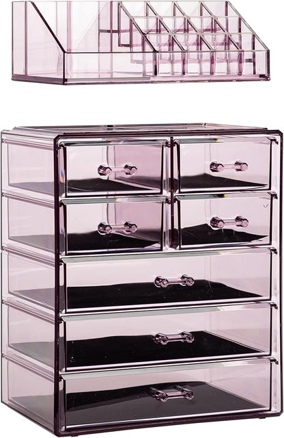 Sorbus Acrylic Makeup Organizer Set, 7-Drawer Vanity & Countertop Cosmetic Storage with Small & Wide Compartments, Purple Makeup Storage for Brushes, Jewelry – Holiday Gift for Women & Teens