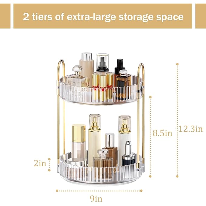 MOKANI 360 Rotating Makeup Organizer for Vanity, 2 Tier Adjustable Perfume Organizer for Dresser, Multi-Function Spinning Cosmetics Skincare Storage for Bedroom, Dresser, Countertop, Clear