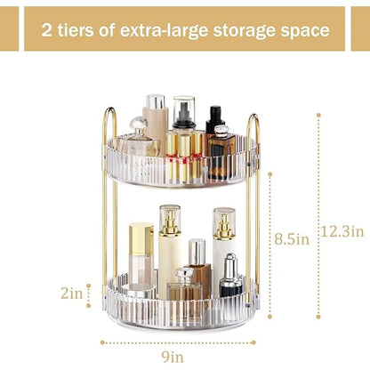 MOKANI 360 Rotating Makeup Organizer for Vanity, 2 Tier Adjustable Perfume Organizer for Dresser, Multi-Function Spinning Cosmetics Skincare Storage for Bedroom, Dresser, Countertop, Clear
