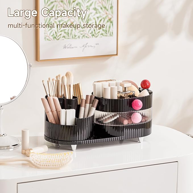 UFORU Makeup Organizer Countertop for Vanity with 360° Rotating Brush Holder, 3 Layer Cosmetic and Jewelry Storage, Makeup Display Case for Skincare&Perfume, Black