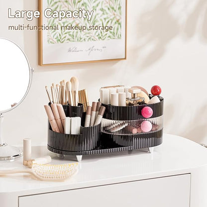UFORU Makeup Organizer Countertop for Vanity with 360° Rotating Brush Holder, 3 Layer Cosmetic and Jewelry Storage, Makeup Display Case for Skincare&Perfume, Black