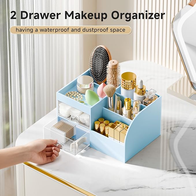 Makeup Organizer with 2 Drawers, Makeup Organizers Countertop for Vanity and Bathroom, Make up organization and Skincare Storage with Brush Holder, for Dresser, Desktop, Cosmetic Display Case (Blue)