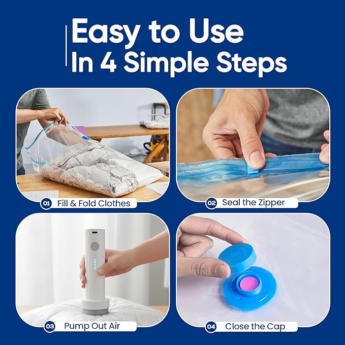 20 Pack Vacuum Storage Bags for Clothing Travel – Compressed Vacuum Seal Bags with Rechargeable Air Pump – Carry-on Size Small, Medium & Large Space Saver Storage Bag for Suitcase and Luggage
