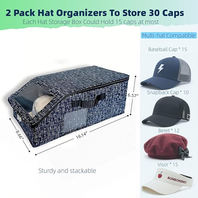 Hat Organizer for Baseball Caps - 2PCS Stackable Storage (Total Holds 30 Caps) with Clear Window Lid, Flip-Top Access, Space-Saving Hat Box for Closet, Breathable Fabric, Unisex (Black)