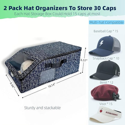 Hat Organizer for Baseball Caps - 2PCS Stackable Storage (Total Holds 30 Caps) with Clear Window Lid, Flip-Top Access, Space-Saving Hat Box for Closet, Breathable Fabric, Unisex (Black)