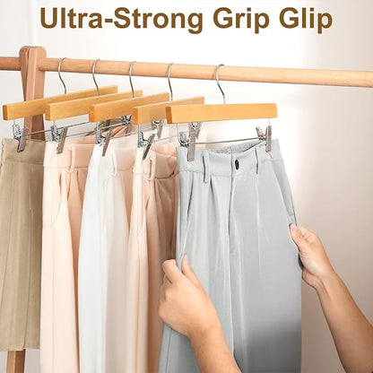 BAGAIL 20 Pack Wooden Pants Hangers with Adjustable Clips, 360°Swivel Hook Space Saving Skirt Holders with Anti-Rust Clips for Trousers, Jeans, Shorts (Natural)