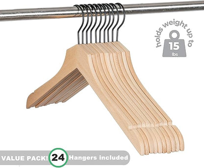 Amber Home 24 Pack Stylish Thin Solid Wooden Shirt Dress Hangers, Sturdy Natural Slim Wood Coat Jacket Hangers with Non-Lacquer Smooth Surface, Extra Space Saving Clothes Hangers (Natural, 24)