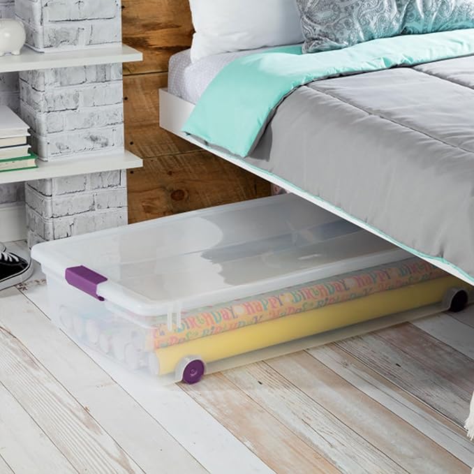 Sterilite 12-Pack ClearView Latch Box, Wheeled Underbed Organizer Bins for Home, 60 Quart