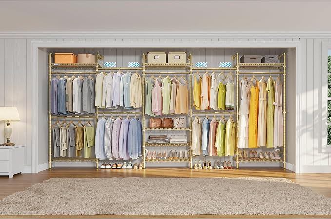 Timate F5 Expandable Wall Mounted Clothes Rack with 8 Adjustable Shelves & 4 Expandable Hanger Rods, Heavy Duty Industrial Pipe Clothing Rack for Hanging Clothes, Fits Spaces 10'3"- 12'3", Gold