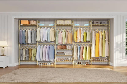 Timate F5 Expandable Wall Mounted Clothes Rack with 8 Adjustable Shelves & 4 Expandable Hanger Rods, Heavy Duty Industrial Pipe Clothing Rack for Hanging Clothes, Fits Spaces 10'3"- 12'3", Gold