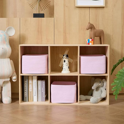 MiniArk Small Organizing Baskets for Cubes Shelf, 9.7x9.7x7.1 Inch Rope Woven Storage Bins for Nursery Shelves Storage, Cute Toy Basket, Square 3 Packs Light Pink