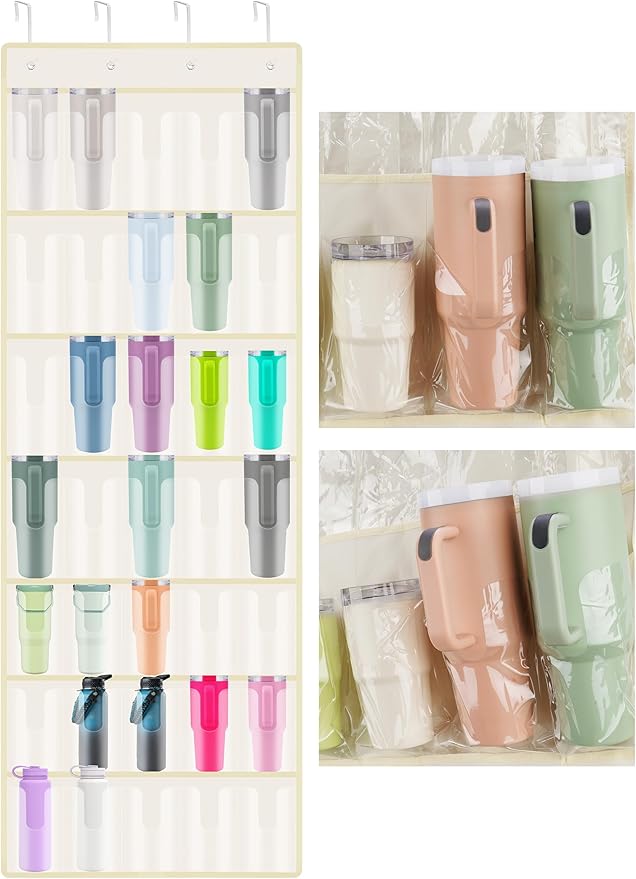 NiHome 35 Pockets Door Hanging Organizer Fit for Stanley 30oz 40oz Tumblers with Handles, Deep Clear Pockets with Handle Slots, Waterproof Oxford Fabric for Kitchen, Cabinet, Pantry, Closet (Beige)