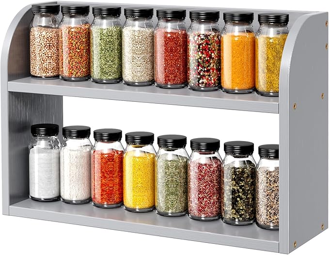 ROMGUAR CRAFT 2 Tier Bamboo Spice Rack, Countertop or Wall Mounting Wood Spice Jars Organizer Shelf for Kitche, Pantry (Grey)