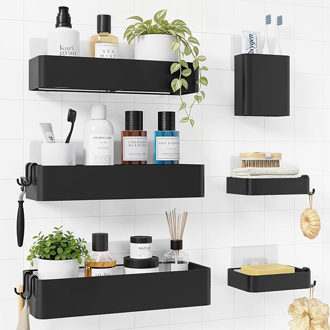 Kitsure Shower Caddy Adhesive - 6-Pack, No-Drilling Shower Shelves with Soap Holder, Toothbrush Holde, 6 Hooks, Rustproof & Stylish Bathroom Organizers and Storage Solution, Black, Large