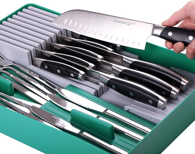 linoroso Knife Drawer Organizer Silverware Drawer Organizer with Kitchen Organizer, Cutlery Drawer Organizer Utensil Drawer Organizer for Knives, Flatware, and Utensils, BPA Free Secure Storage Tray