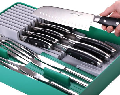 linoroso Knife Drawer Organizer Silverware Drawer Organizer with Kitchen Organizer, Cutlery Drawer Organizer Utensil Drawer Organizer for Knives, Flatware, and Utensils, BPA Free Secure Storage Tray