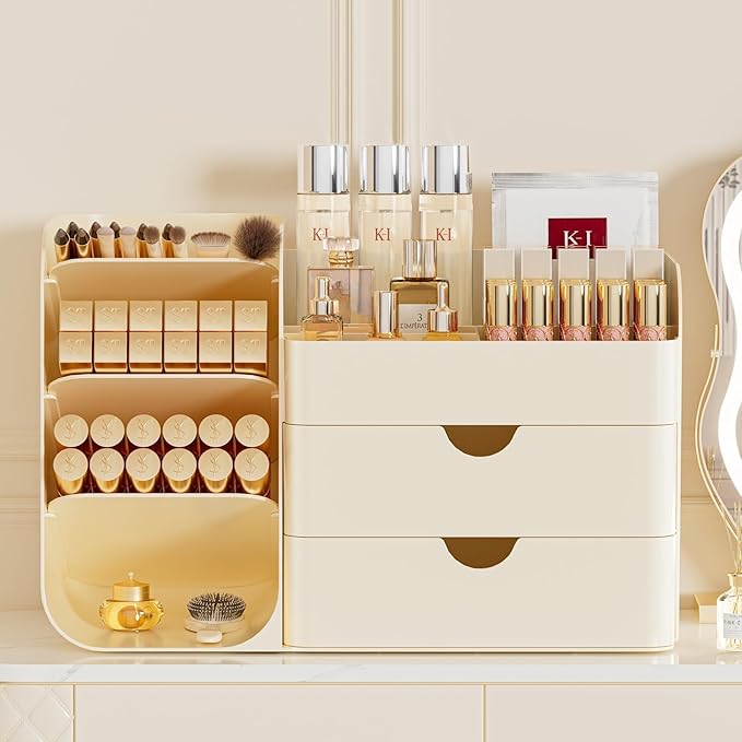 Makeup Organizer with Drawers, Large Capacity Countertop Organizer for Vanity, Bathroom and Bedroom Desk Cosmetics Organizer, Easy To Storage Skincare,Brushes, Eyeshadow,Lipstick (Cream)