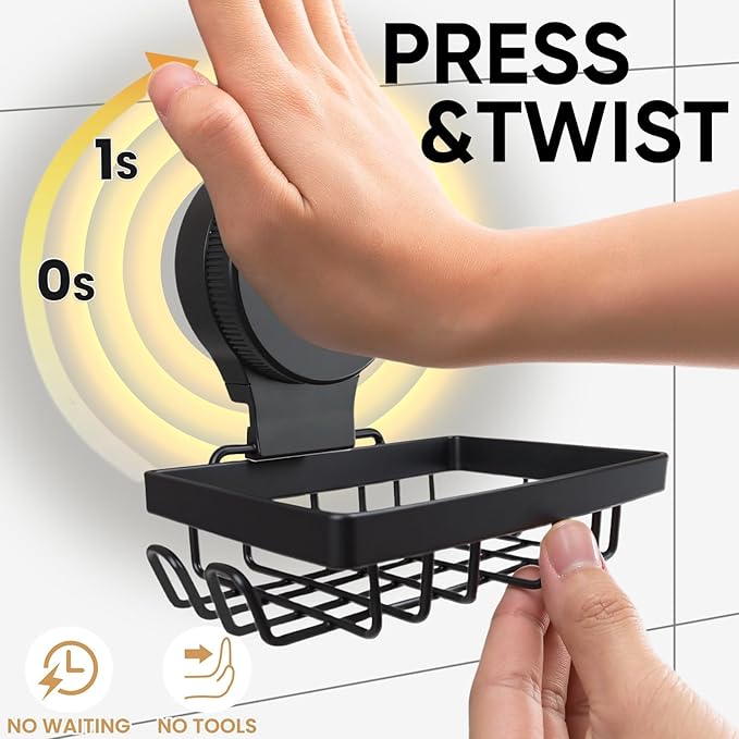 Soap Holder Dish Suction Cup, Bar Shampoo Rack for Shower Wall, Draining Soap Saver Tray for Bathroom, Rustproof Stainless Steel Sponge Holder for Tub, Kitchen, Drill-Free (Black, 1-Tier)