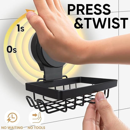 Soap Holder Dish Suction Cup, Bar Shampoo Rack for Shower Wall, Draining Soap Saver Tray for Bathroom, Rustproof Stainless Steel Sponge Holder for Tub, Kitchen, Drill-Free (Black, 2-Tier)