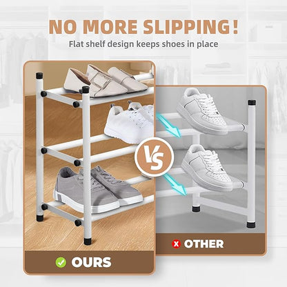 STORAGE MANIAC Expandable Shoe Rack, 12 Pairs Stackable Small Shoe Rack, Metal Adjustable Shoes Organizer for Closet, Entryway, Hallway, Garage, Front Door, Shoes Shelves, White 3 Tier