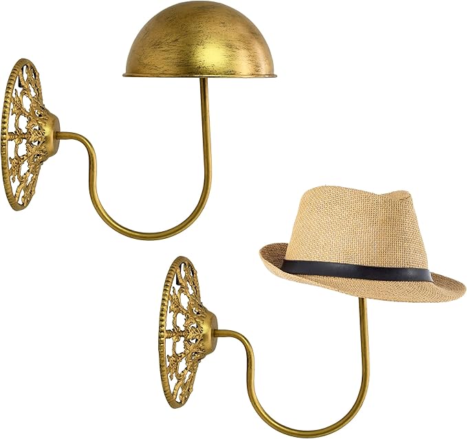 Owlgift Vintage Wall Mount Hat & Coat Rack – Set of 2 – Rustic Gold Decorative Iron Holder for Hats, Scarves, Helmets & Wigs – Retro Entryway Wall Organizer for Home, Store, Restaurant or Hotel Use
