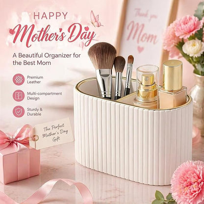 KINGFOM Makeup Brush Holder Organizer with Divider, PU Leather Vanity Brush Holder for Bathroom Countertop & Dressing Table, Cosmetic Desktop Storage Caddy for Makeup Tools Oval (Light Beige)