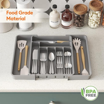 Lifewit Utensil Organizer for Kitchen Drawer, Expandable Cooking Silverware Tray, Adjustable Cutlery Flatware Holder, Plastic Spatula Tools Storage Divider, 11.8-19.6 x 15", Gray