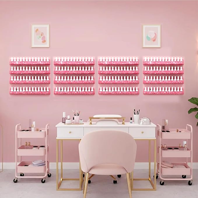 4 Pack 15 Inch Nail Polish Organizer，Diamond Crystal Rhinestone Acrylic Nail Polish Organizer，Sunglasses Essential Oil Picture Display Storage Pink