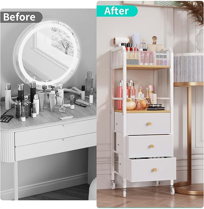 HapiRm Rolling Makeup Cart Organizer - Floor Skincare Make Up Storage with 3 Non-woven Fabric Drawers, Vanity Organizer Cosmetic Display Cases Holder for Skin Care Perfume Nail Polish Brush Hair Tool